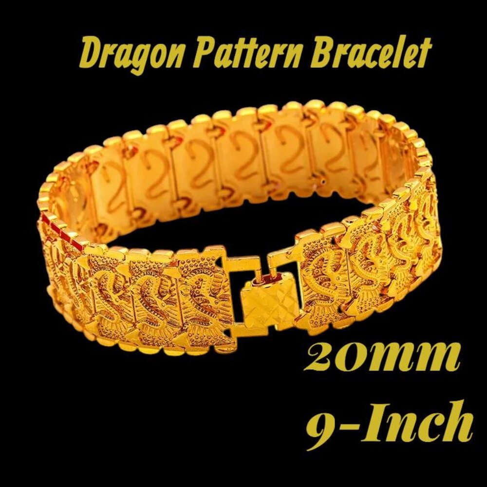 18K Gold Filled Over Silver Men's 9" 20mm Dragon Pattern Link Chain Bracelet